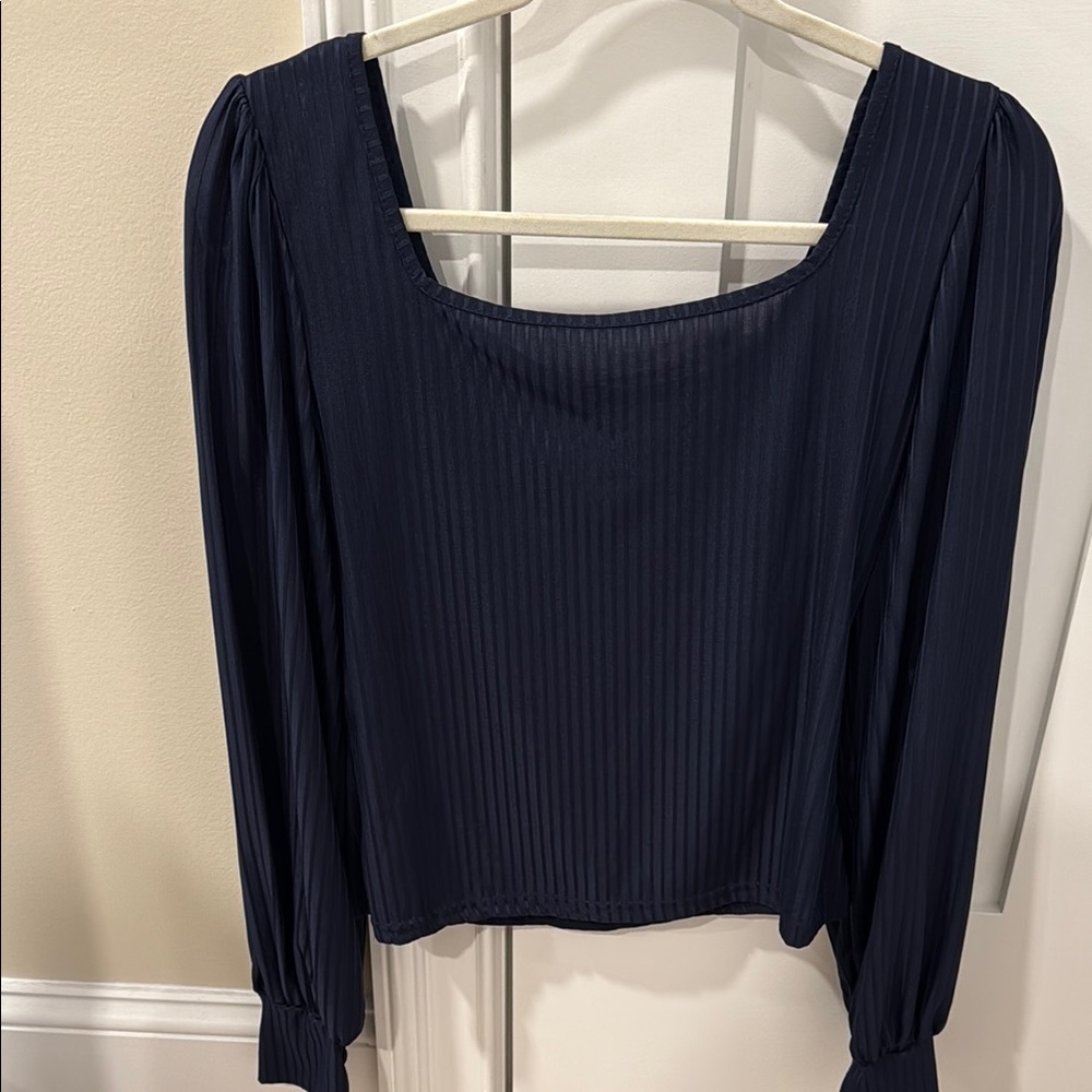 Blue Ribbed Puff Sleeve Blouse